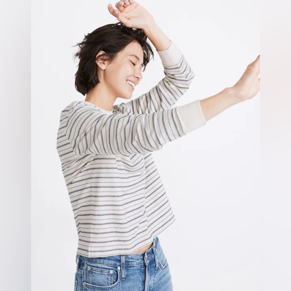 Madewell Jacquard cream blue cotton blend boxy Stripe Pocket Tee L - Picture 3 of 12